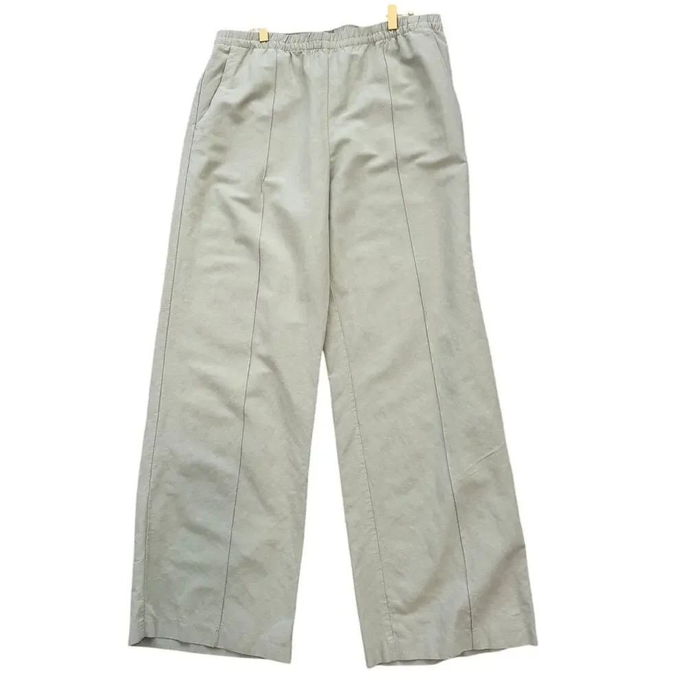 H&M Linen Blend Wide Leg Pants L Tan Smocked High Waist Pintuck Pleat